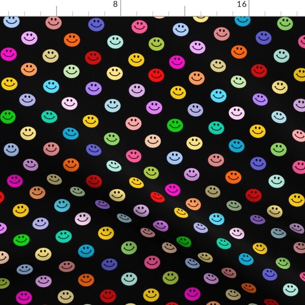 Smiley Face Fabric - Rainbow Happy Face Smiley By Inspirationz - Rainbow Polka Dot Black Happy Cotton Fabric By the Yard With Spoonflower