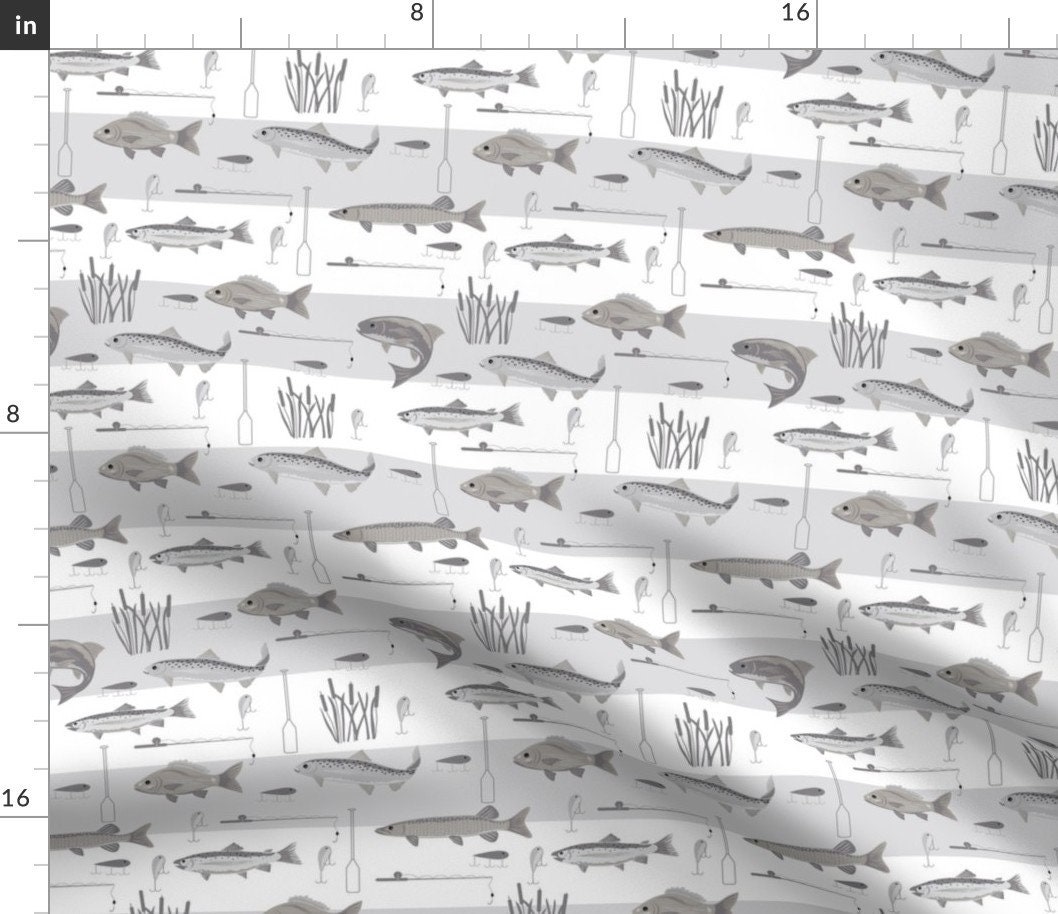 Fish Fabric Fishermans Bounty Gray by Phyllisdobbs Neutral Nursery Fish  Fishing Lake River Cotton Fabric by the Yard With Spoonflower 