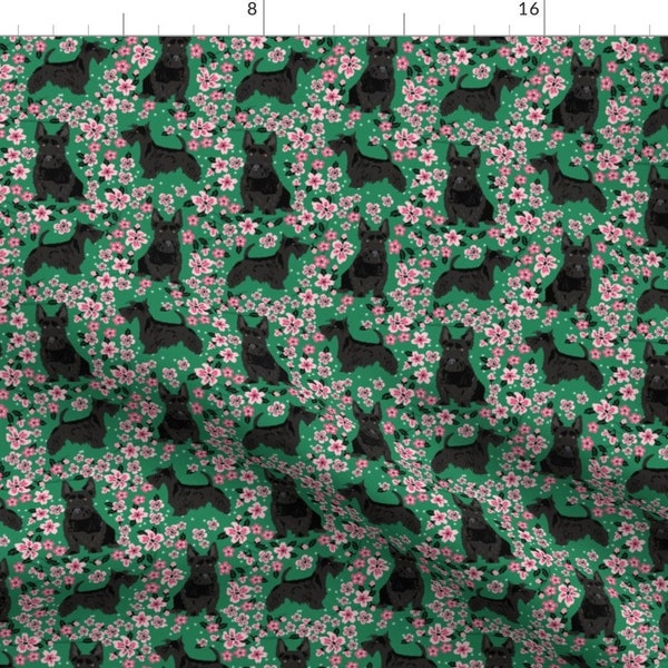 Black Scottie Dog Fabric - Scottie Dog Cherry Blossom Spring - Cute Dog - Green By Petfriendly - Cotton Fabric by the Yard with Spoonflower