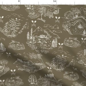 Toile De Jouy Fabric - Lake Life by littl_crow - Lakeside Forest Toile Earth Tones Boating Outdoors Trees Fabric by the Yard by Spoonflower