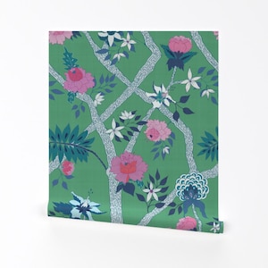 Chinoiserie Wallpaper - Deluxe Green Peony Branch By Danika Herrick - Custom Printed Removable Self Adhesive Wallpaper Roll by Spoonflower