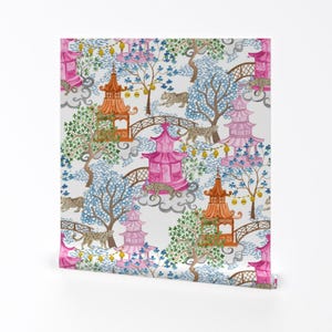 Chinoiserie Removable Peel and Stick Wallpaper - Pagoda Leopards Pink And Rust - Wall Art Wall Decor - Pagoda Forest by danika_herrick