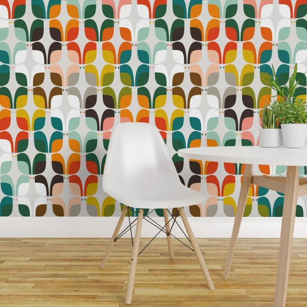 Mid Century Birds Removable Peel and Stick Wallpaper - Whimsical Retro - Wall Art Wall Decor - Geometry Of Love Birds  by katerhees