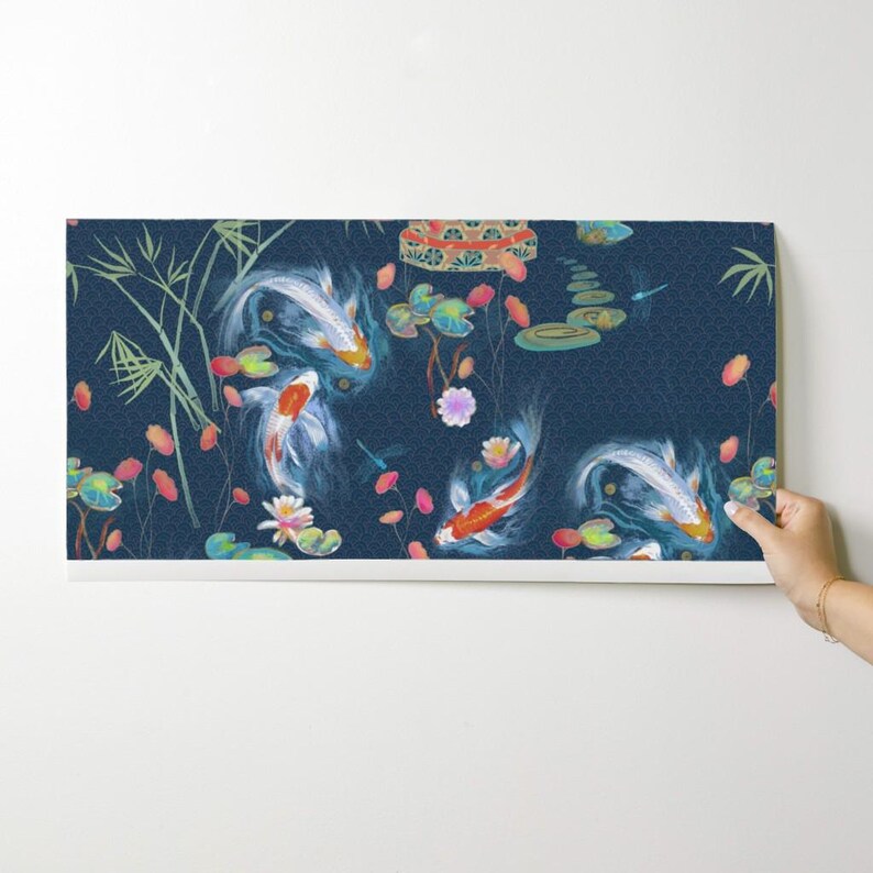 Japanese Wallpaper - Japanese Water Garden Navy By Designed By Debby - Custom Printed Removable Self Adhesive Wallpaper Roll by Spoonflower image 9