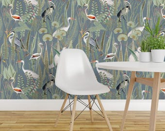 Cranes Peel and Stick Wallpaper - Herons Slate Blue Gray Large Scale Birds - Removable Wall Decor Art - Herons In Marsh by judithkrohn
