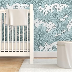 Ocean Waves Wallpaper - Japanese Waves By Sveta Aho - Pine Green Mint Blue Nautical Removable Self Adhesive Wallpaper Roll by Spoonflower image 6