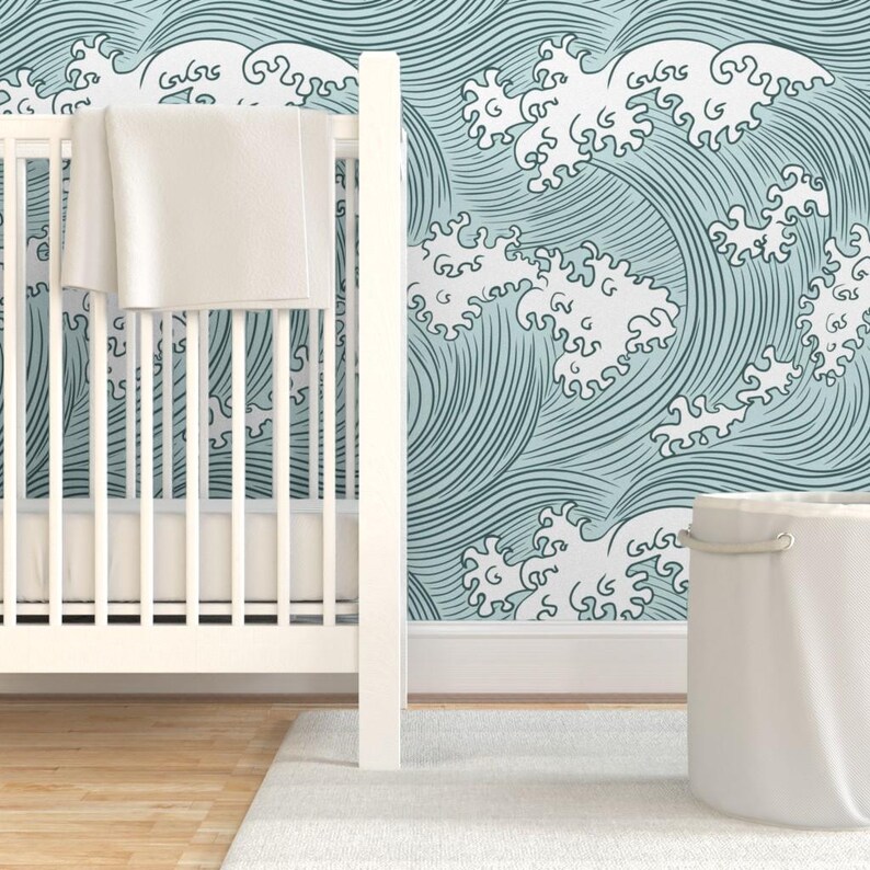 Ocean Waves Wallpaper - Japanese Waves By Sveta Aho - Pine Green Mint Blue Nautical Removable Self Adhesive Wallpaper Roll by Spoonflower image 6