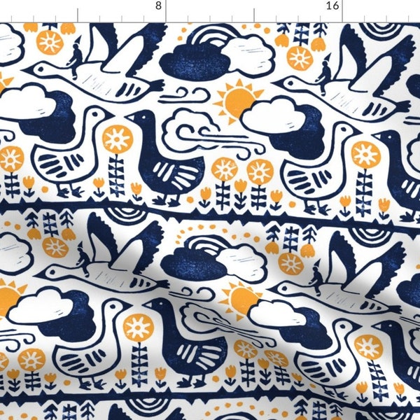 Swedish Folk Art Fabric - Nils Holgersson - Swedish Boy On A Goose By Revista - Swedish Folk Art Cotton Fabric By The Yard With Spoonflower