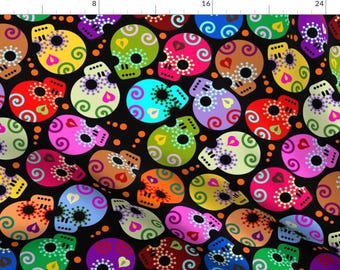 Sugar Skull Fabric - Day of the Dead Skulls Black Medium By Thirdhalfstudios - Rainbow Colorful Cotton Fabric By The Yard With Spoonflower
