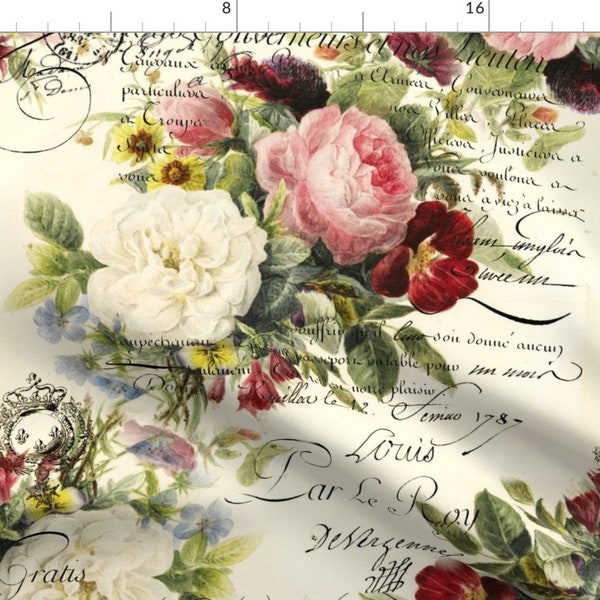 Vintage Roses Fabric - Rosey Document by peagreengirl - Shabby Chic Victorian Romantic French Rose Garden Fabric by the Yard by Spoonflower