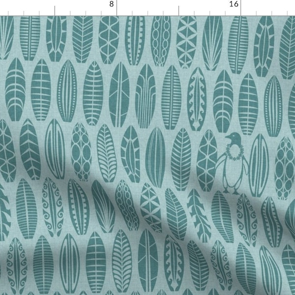 Teal Surfboards Fabric - Penguin Vacay (Medium, Surf) By Fleabat - Penguins retro Woven Look Cotton Fabric By The Yard With Spoonflower