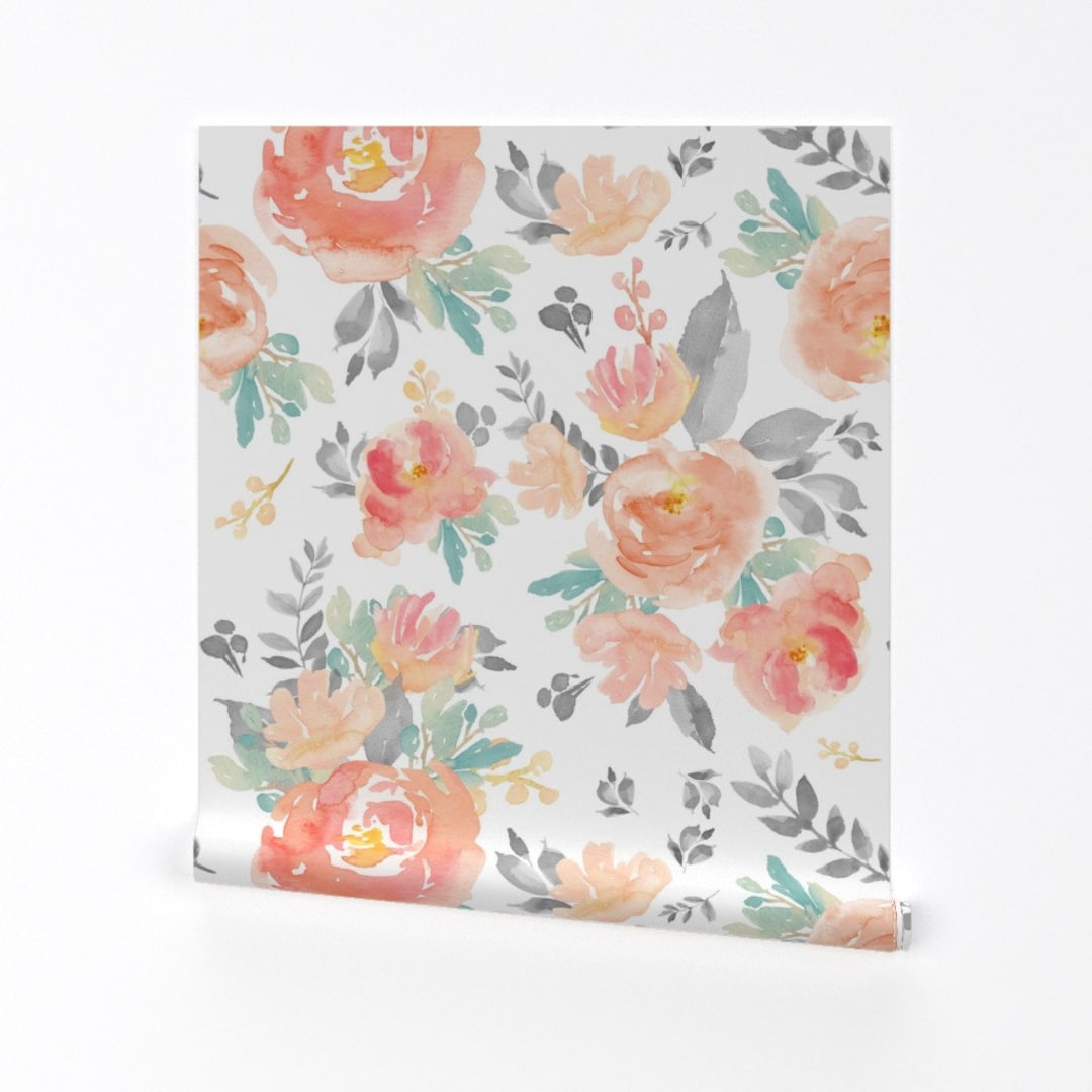 Floral Wallpaper 21 Coral Gray and Mint Florals White Etsy