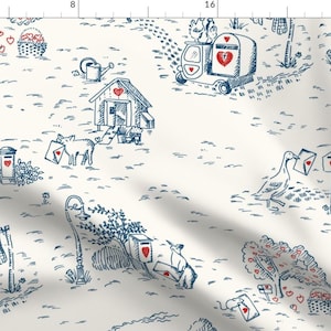 Farm Animal Fabric -  Love Letters by house_of_haricot - Toile De Jouy Blue And White Valentines Day Fabric by the Yard by Spoonflower