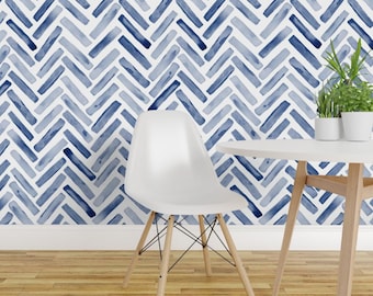 Chevron Wallpaper - Inidgo Blue Painted Chevron By Erin Kendal -Blue White Herringbone Removable Self Adhesive Wallpaper Roll by Spoonflower