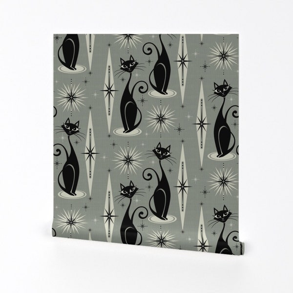 Cats Wallpaper - Mid Century Meow By Studioxtine - Gray Black Retro Atomic 1950s Mod Removable Self Adhesive Wallpaper Roll by Spoonflower