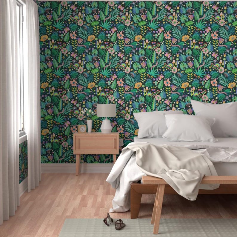 Whimsical Peel and Stick Wallpaper - Illustrative Floral Trippy Psychedelic - Removable Wall Decor Art - Monsteras And Monsters by rebelform image 5