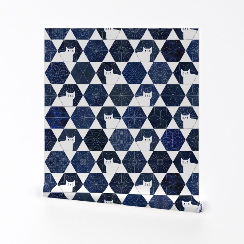 Cats Wallpaper - Sashiko Cats By Patricia Lima - Navy White Geometric Hexagon Kitten Removable Self Adhesive Wallpaper Roll by Spoonflower image 2