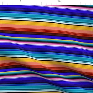 Puede incluir: Una tela de rayas coloridas con un patrón repetitivo de rayas azules, turquesa, amarillas, rojas, rosas y negras. La tela está doblada y tiene un ligero patrón de onda.