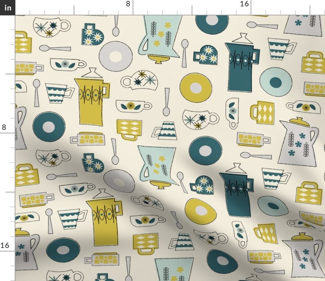 Retro Kitchen Fabric Coffee Time in Cream by - Etsy