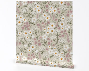 Wildblumen Tapete - Wilde und hübsche Feldblumen von Stolenpencil - Neutral Beige Entfernbare selbstklebende Tapetenrolle von Spoonflower