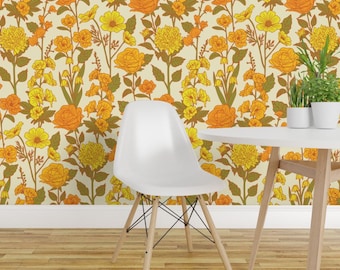 Retro Floral Peel and Stick Wallpaper - Yellow Orange Green 1970s Flowers - Removable Wall Decor Art - Cottage Garden by somecallmebeth