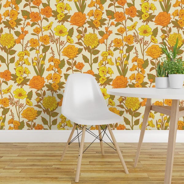 Retro Floral Peel and Stick Wallpaper - Yellow Orange Green 1970s Flowers - Removable Wall Decor Art - Cottage Garden by somecallmebeth