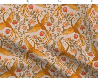 Phoenix Fabric - Phoenix Garden Spring By Ceciliamok - Orange Vintage Look Faux Woven Firebird Cotton Fabric By The Yard With Spoonflower