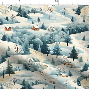 May include: A seamless pattern depicting a winter wonderland scene with snow-covered hills, winding paths, and cosy houses. The illustration is rendered in a whimsical style using blue and white tones, creating a charming and festive atmosphere.