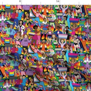 May include: A colourful illustration depicting a diverse crowd of people celebrating with rainbow patterns and flags. The design includes individuals holding signs, conveying a theme of inclusivity and pride.
