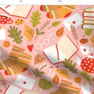 Cozy Reading Fabric - Cozy Reading By Julia Gosteva - Pink Green Orange Books Novels Library Cute Cotton Fabric By The Yard With Spoonflower