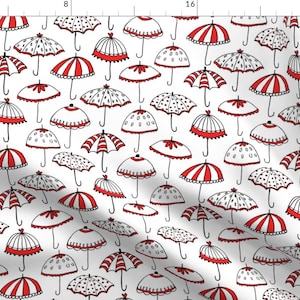 Umbrellas Fabric - Les Parapluies De Sophie By Snowflower - Umbrellas French Red White Rainy Day Cotton Fabric By The Yard With Spoonflower