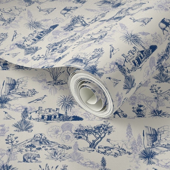 Blue Texas Toile Fabric - Texas Toile by wrennworks - Blue Bear Toile  Southwest French Country Cougar Fabric by the Yard by Spoonflower