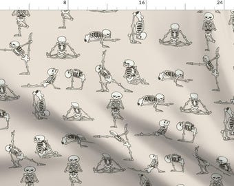 Skull Yoga Skeleton Illustration Fabric - Skeleton Yoga By Huebucket - Skull Anatomy Beige Cotton Fabric By The Yard With Spoonflower