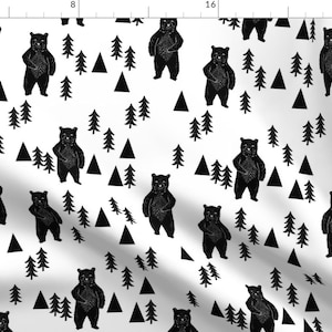 Woodland Bear Fabric - Forest Bear // Black And White Woodland Mountain Trees By Andrea Lauren - Bear Fabric By The Yard With Spoonflower