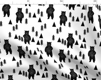 Woodland Bear Fabric - Forest Bear // Black And White Woodland Mountain Trees By Andrea Lauren - Bear Fabric By The Yard With Spoonflower