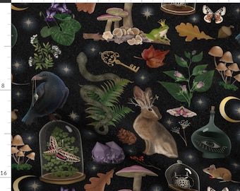 Woodland Gothic Fabric - Forest Magic by shellypenko - Rabbit Mouse Black Raven Magic Spooky Whimsigoth Fabric by the Yard by Spoonflower