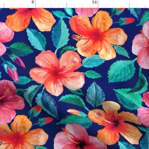 Tropical Fabric - Colorful Watercolor Hibiscus On Indigo - Large Print By Micklyn - Island Floral Cotton Fabric By The Yard With Spoonflower