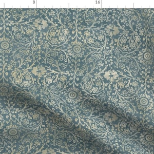 Vintage Style Fabric - Woodblock In Gold And Teal by forest&sea - Faux Texture Distressed Look Fabric by the Yard by Spoonflower
