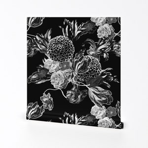 Floral Fabric -  Modern Floral Black And White By Peacoquettedesigns - Custom Printed Removable Self Adhesive Wallpaper Roll by Spoonflower