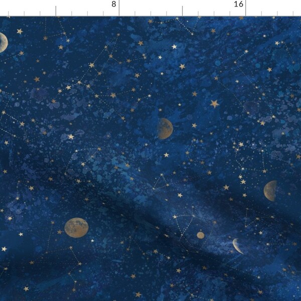 Moon Fabric - Moon Stars By Rebecca Reck Art - Blue Stars Galaxy Night Space Astronomy Kids Cotton Fabric By The Yard With Spoonflower