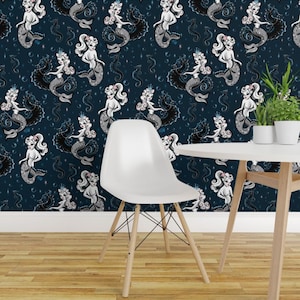 Pin-Up Mermaid Wallpaper - Pearla The Mermaid By Miss Fluff -Retro Rockabilly Pin-Up Girl Mermaid Seahorse Indigo Wallpaper With Spoonflower