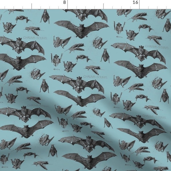 Bat Fabric - Illustrated Vintage Bats Blue By Craftyscientists Anatomical Halloween Flying Fox - Cotton Fabric By The Yard With Spoonflower