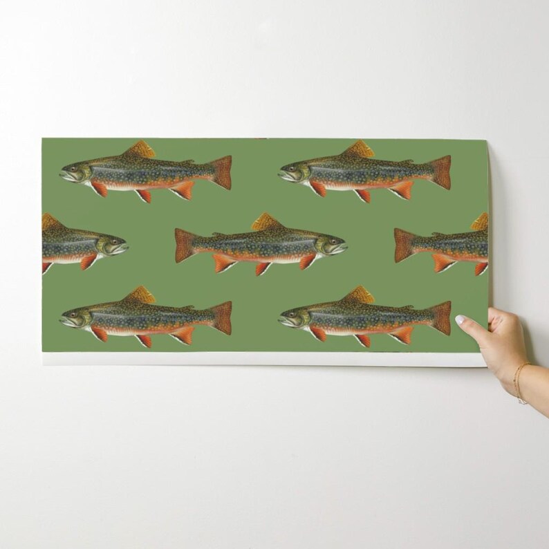Fish Wallpaper - Brook Trout By Weavingmajor - Vintage Green Cabin Lodge Mountains Removable Self Adhesive Wallpaper Roll by Spoonflower image 9