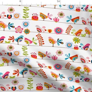 Retro Rainbow Birds Fabric - Little Birds With Flowers By Valentinaharper - Colorful Birds Kids Cotton Fabric By The Yard With Spoonflower