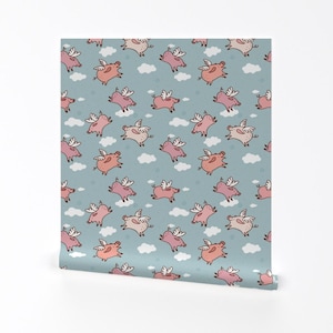 Flying Pigs Wallpaper - When Pigs Fly New! By Cynthiafrenette - Animal Custom Printed Removable Self Adhesive Wallpaper Roll by Spoonflower
