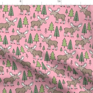 Moose Fabric - Forest Woodland Moose Trees On Pink By Caja Design - Moose Woodland Trees Pink Cotton Fabric By The Yard With Spoonflower