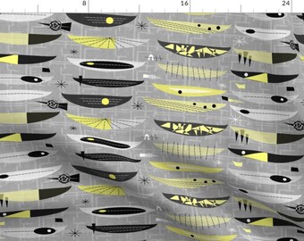 Mod Canoes Fabric - Mid-Century Black And Yellow By Mid-Century - Grey Citron Geometric Cotton Fabric By The Yard With Spoonflower