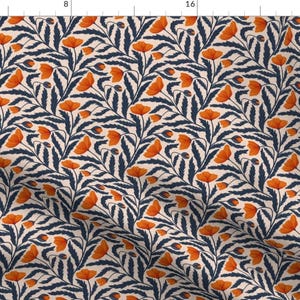 Blue Orange Floral Fabric - Poppy Flower by denesannadesign - Orange Neutral Small Scale Mask Botanical Fabric by the Yard by Spoonflower