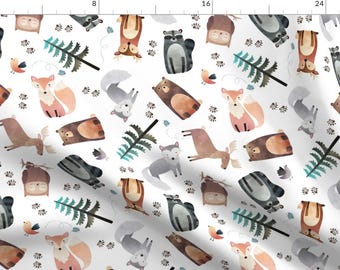 Woodland Animals Fabric - Animal Tracks Bear Raccoon Moose Wolf Owl Fox By Gingerlous - Woodland Cotton Fabric By The Yard With Spoonflower