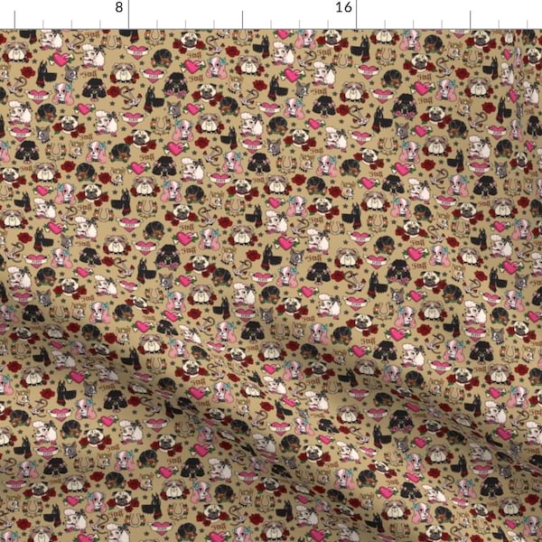 Dogs Fabric - Tattoo Dogs - Tan By Miss Fluff - Dog Heads Tattoo Hearts Anchors Horseshoes Beige Cotton Fabric By The Yard With Spoonflower